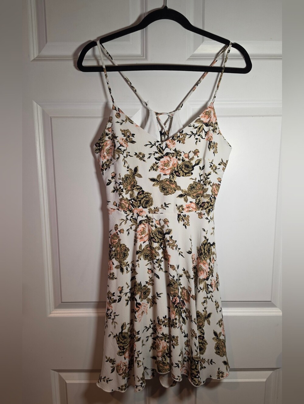 Kimcine White Floral Spaghetti-Strap Mini Dress with Pink Rose Print